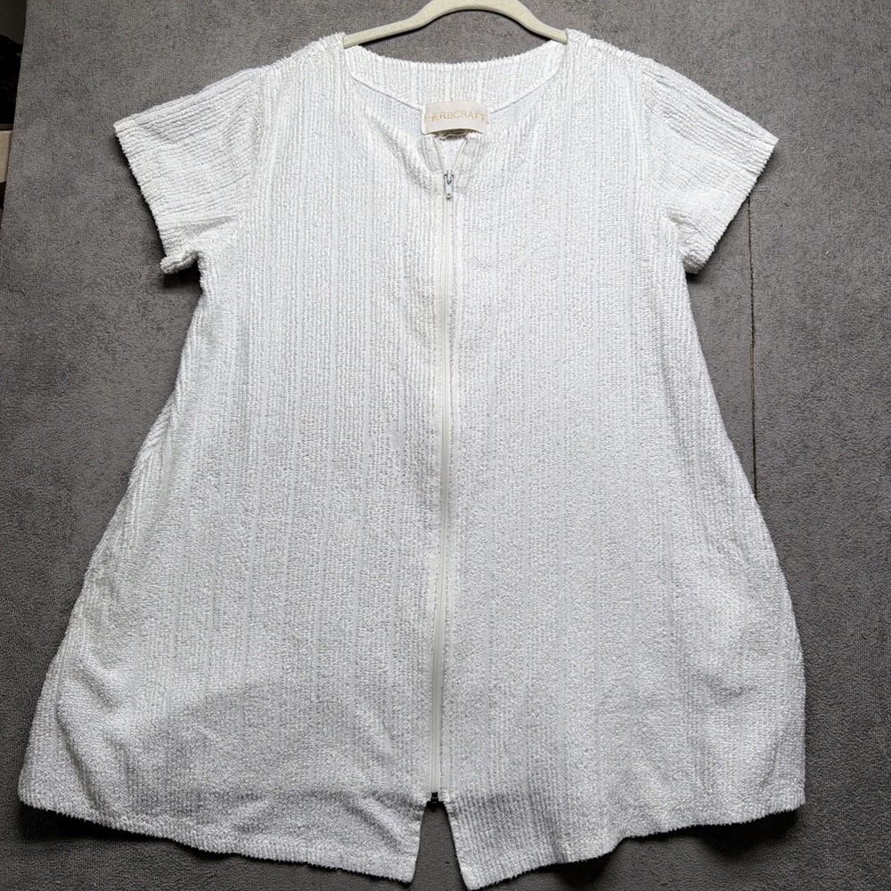 Women's White Terry Cloth Zip Front‎ Jacket Short Sleeve Casual Layer Medium